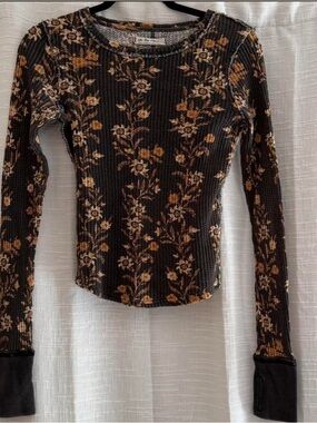 We The Free Black Floral Waffle Long-Sleeve Tee with Brown Flowers